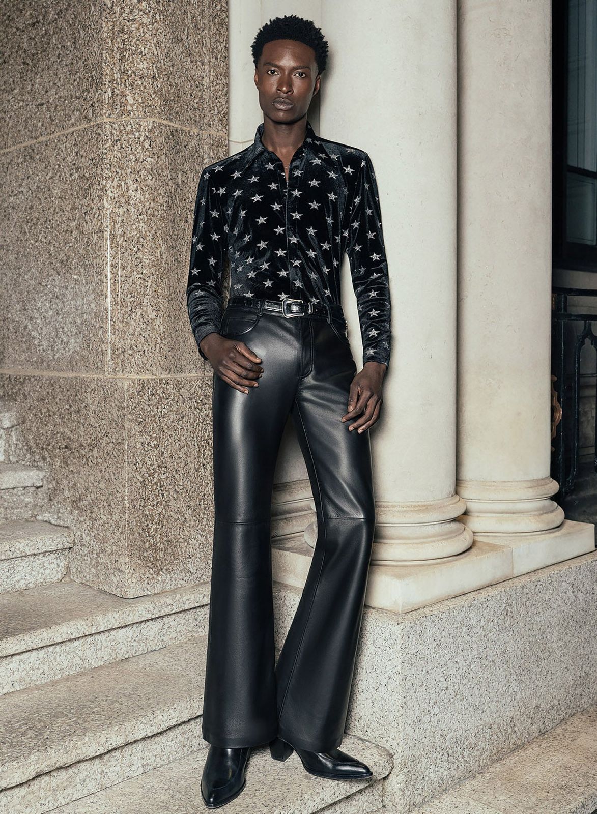 Black Leather Slim Fit Flare Trousers