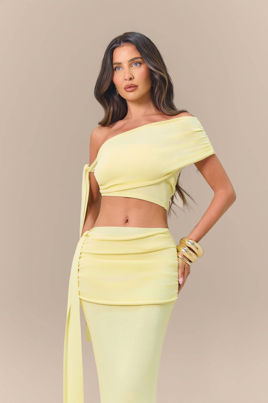 LOIS KNITTED OFF THE SHOULDER TIE DETAIL TOP | LEMON