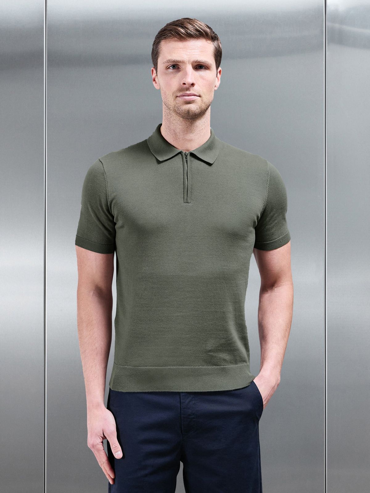 Cotton Knitted Zip Polo Shirt in Sage