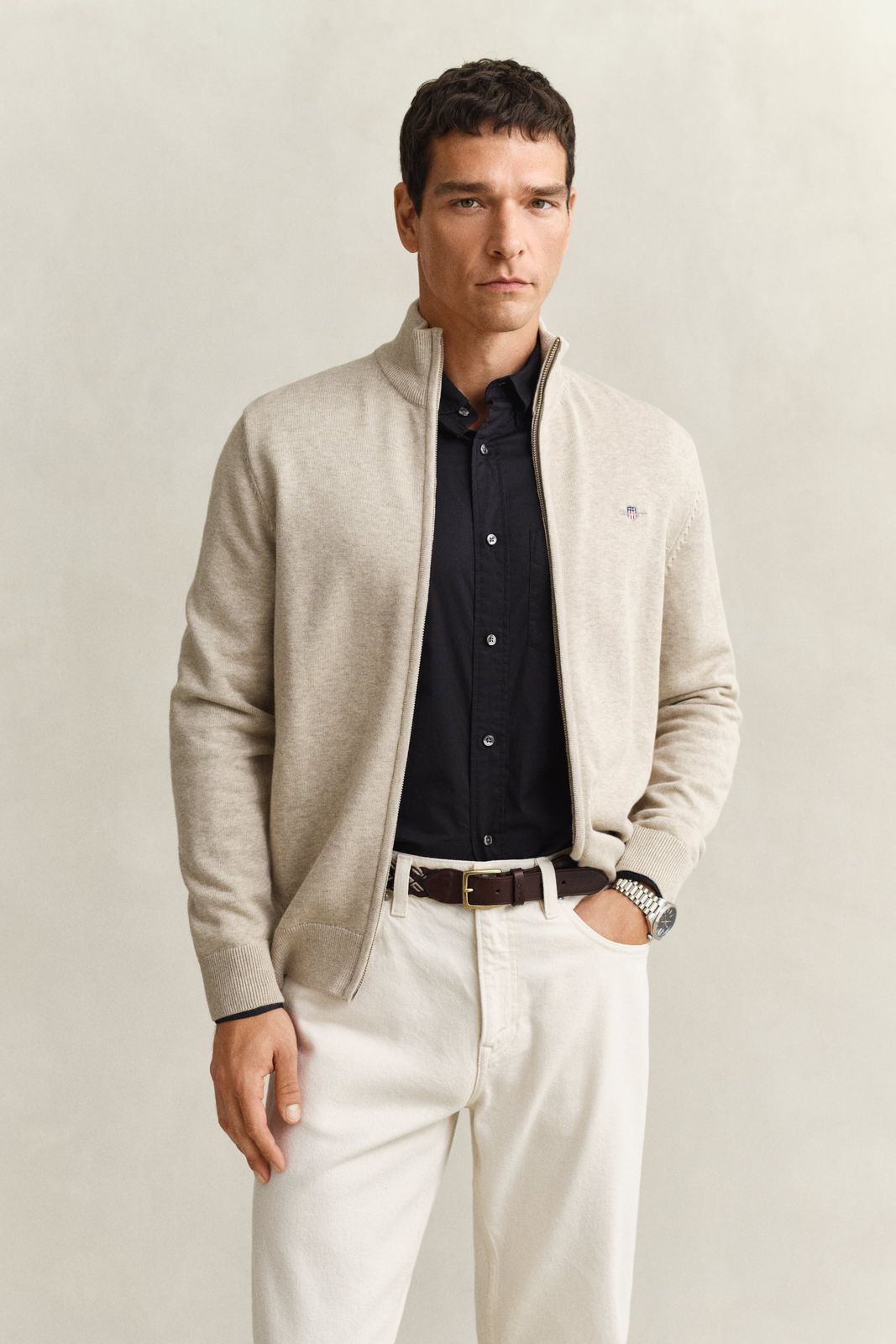 Casual Cotton Zip Cardigan - DK HAZELNUT MELANGE