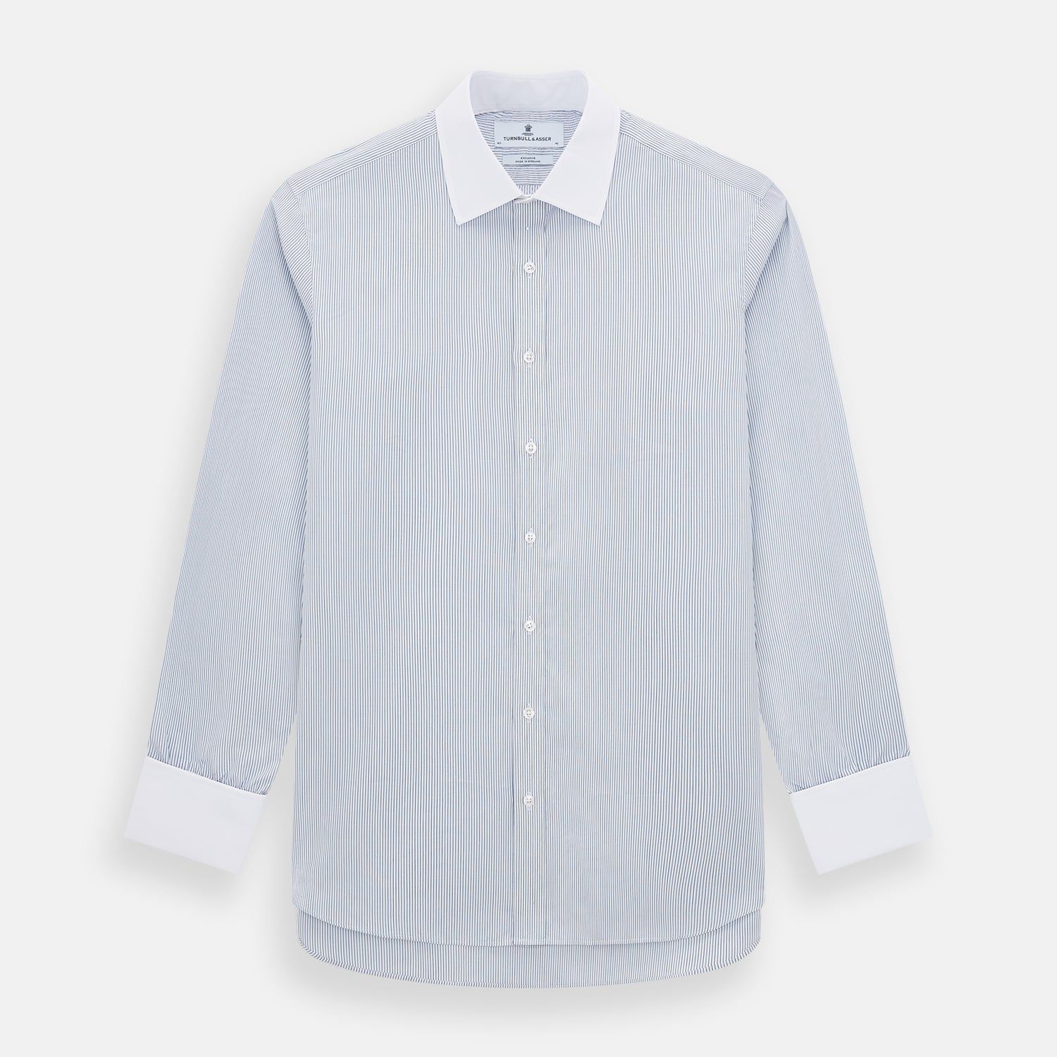 Navy and Blue Ticking Stripe Shirt with Contrast Collar and Double Cuffs