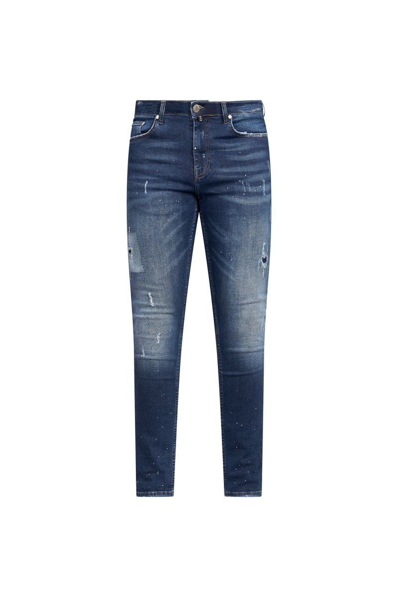 Dark Blue Paint-Splatter Slim Jeans