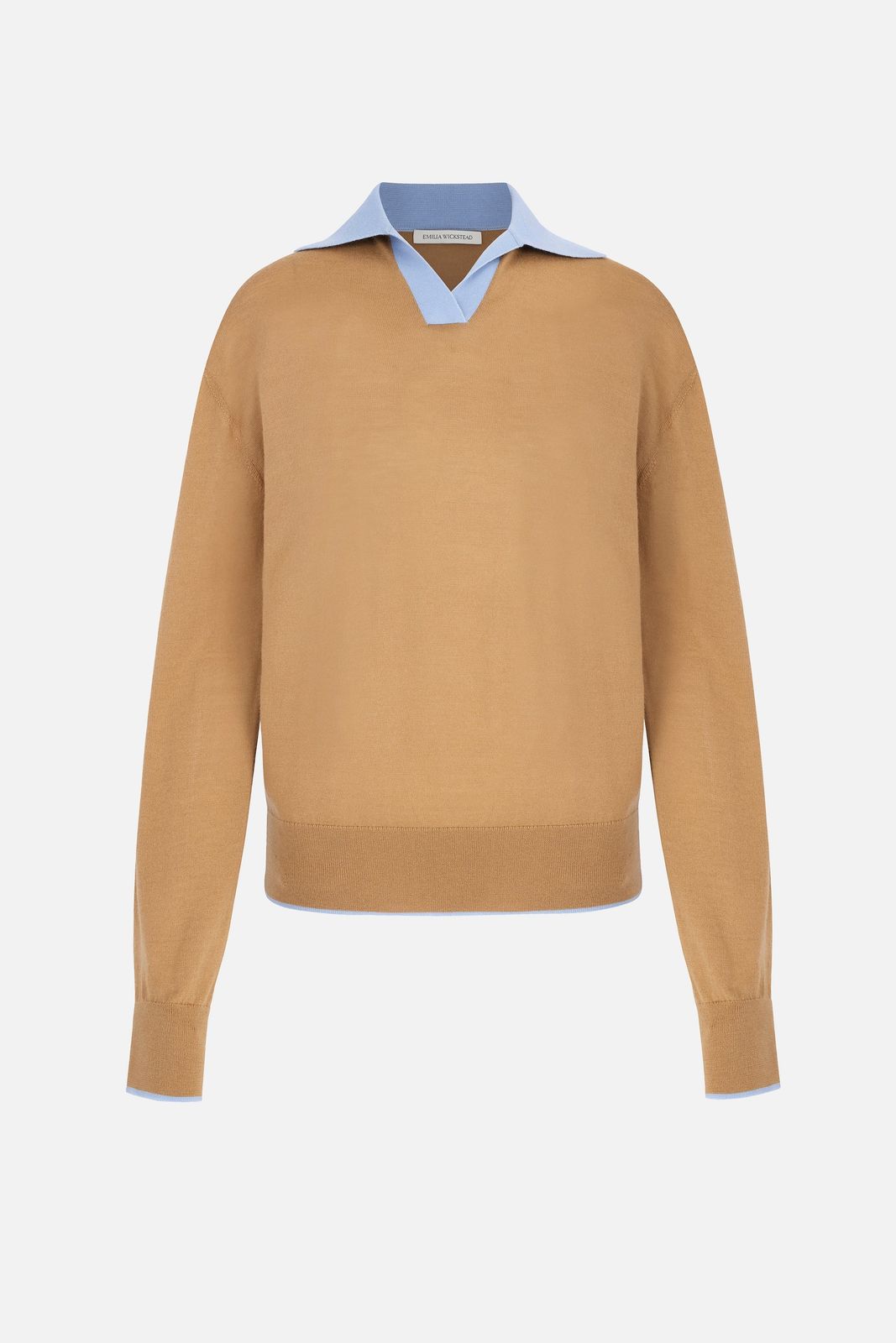 James Knit with Baby Blue Collar in Camel Lightweight Wool