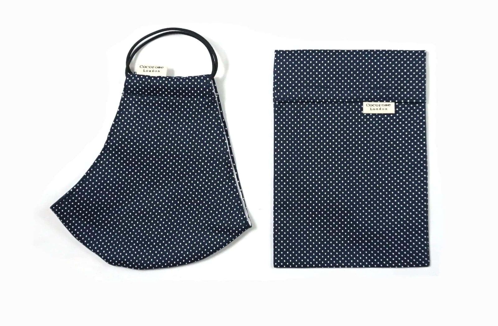 Cotton Face Mask with Filter Pocket and Matching Pouch - Navy Polka Dots