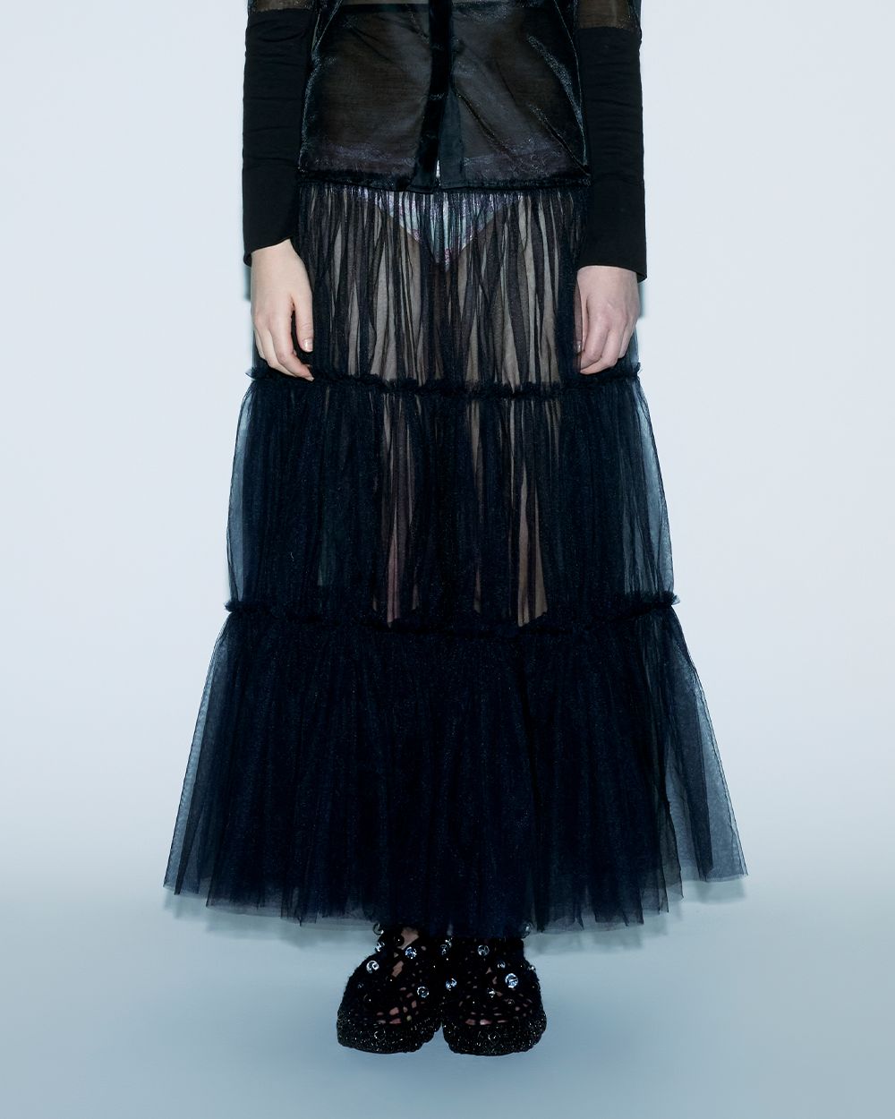 BLACK RUFFLE SHEER SKIRT