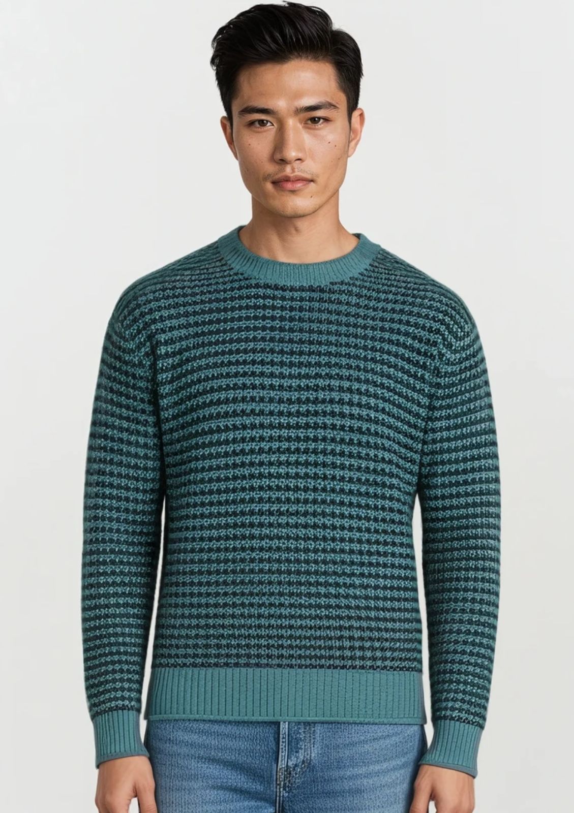 Textured Crew Neck Sweater in Navy and Aquarelle Blue