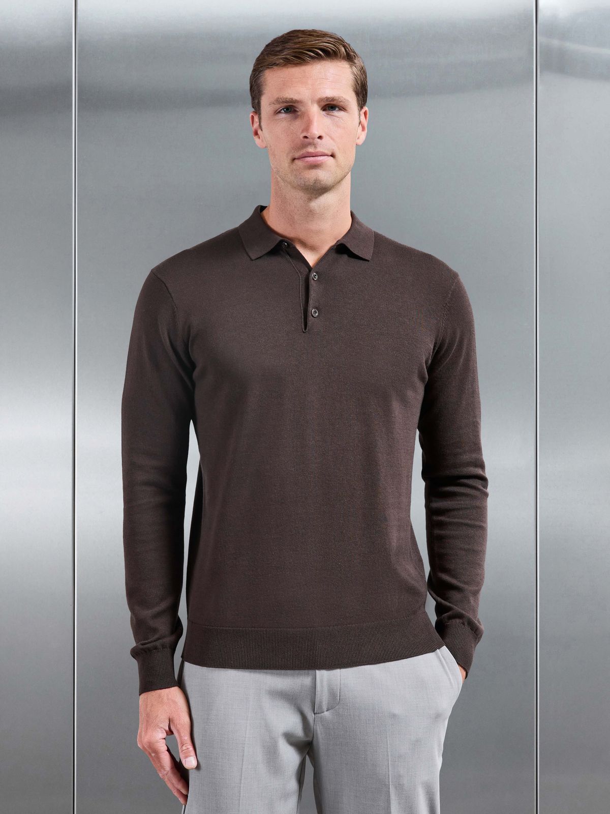 Cotton Knitted Long Sleeve Button Polo Shirt in Brown