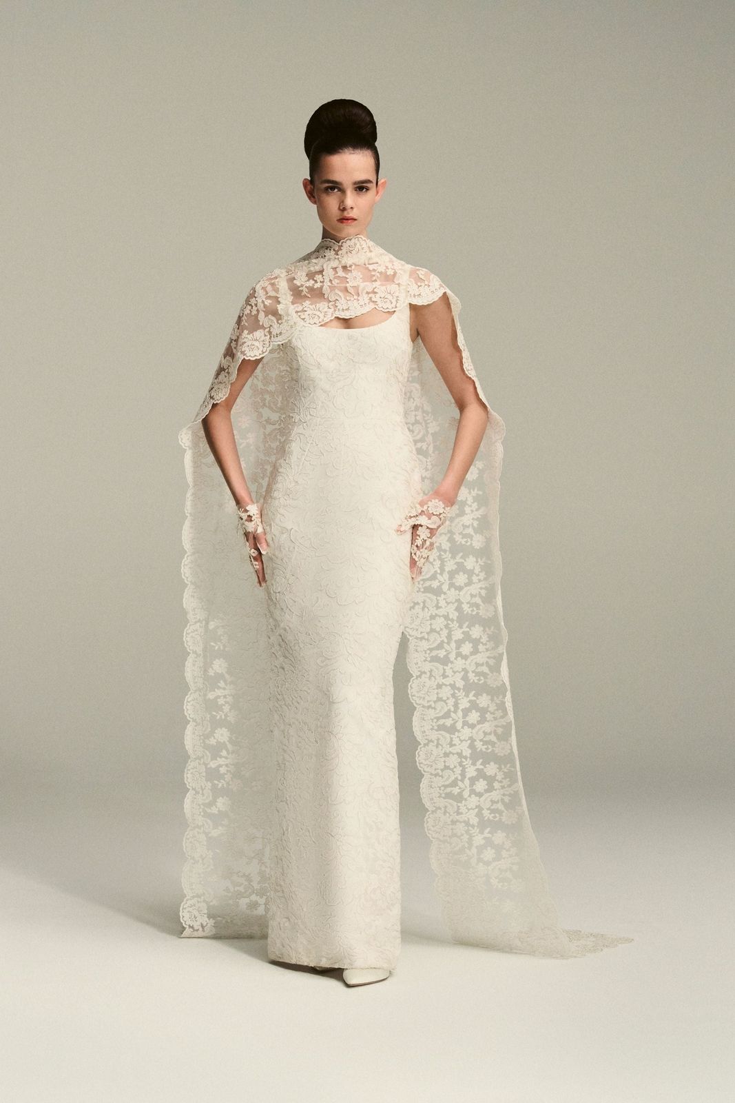 Eugenia Bridal Dress in Ivory Embroidered Lace with Cornelia Scarf Train