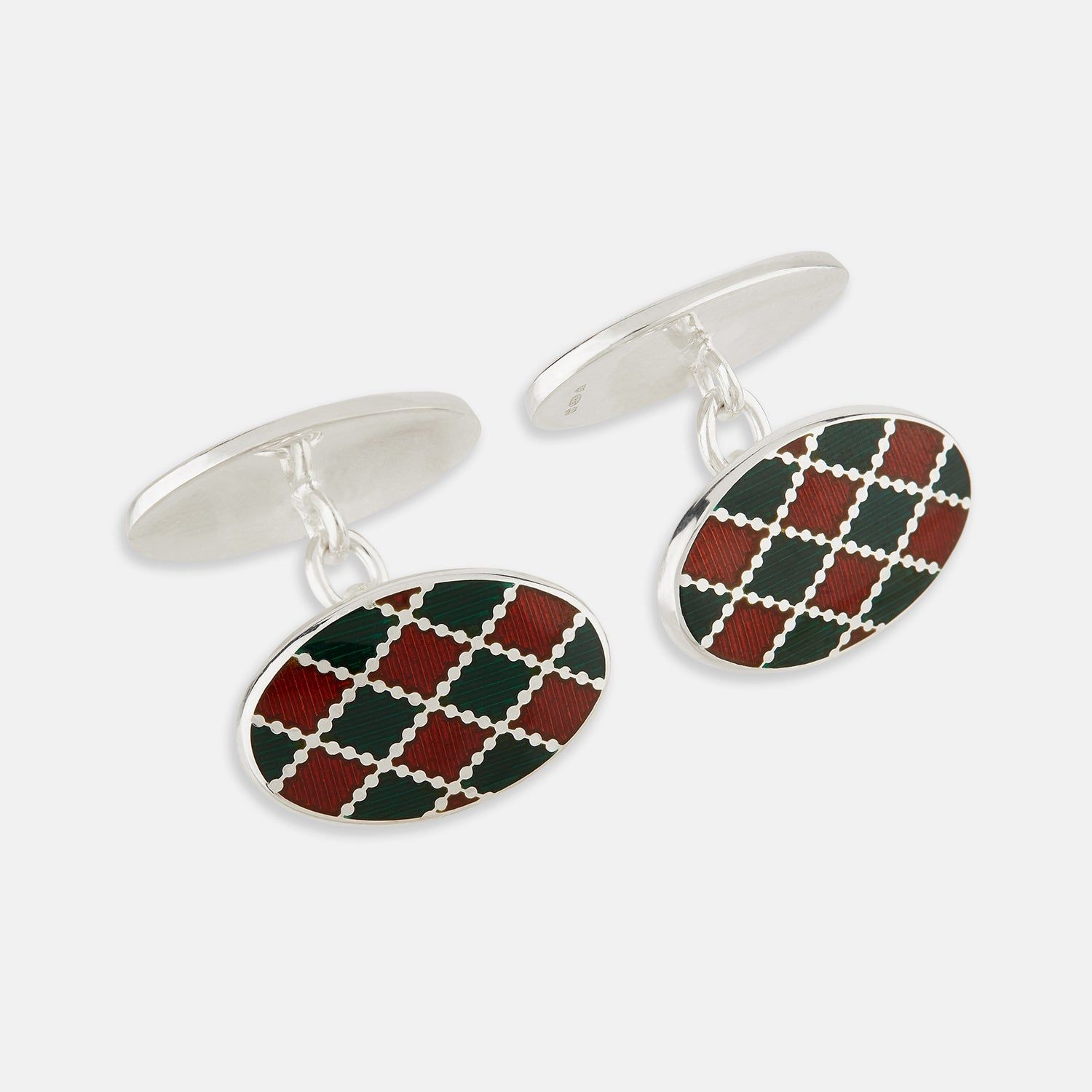 Forest Green and Burgundy Checkered Oval Enamel Chain Cufflinks