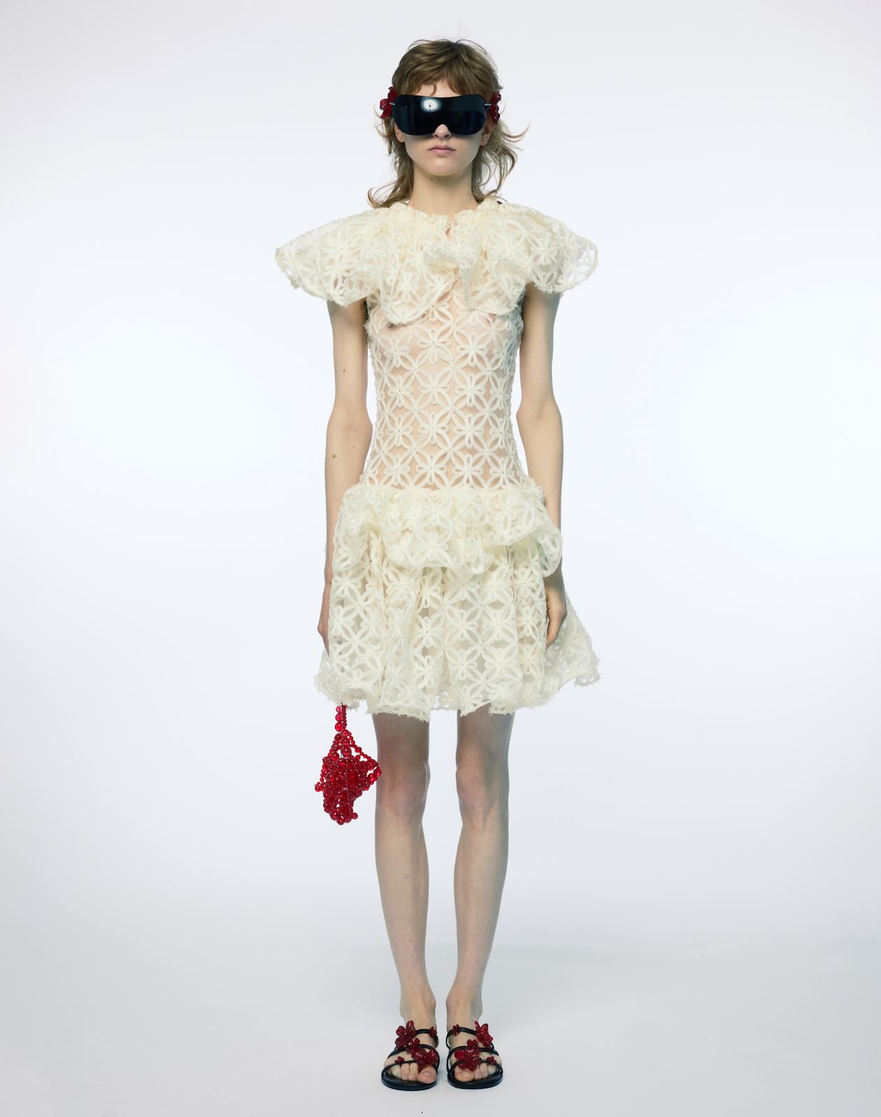 CORD EMBROIDERED LACE PEPLUM DRESS