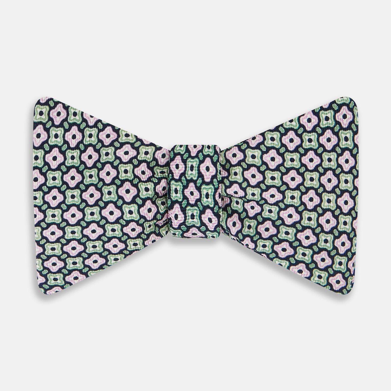 Kelly Green and Pink Abstract Quatrefoil Foulard Printed Silk Bow Tie