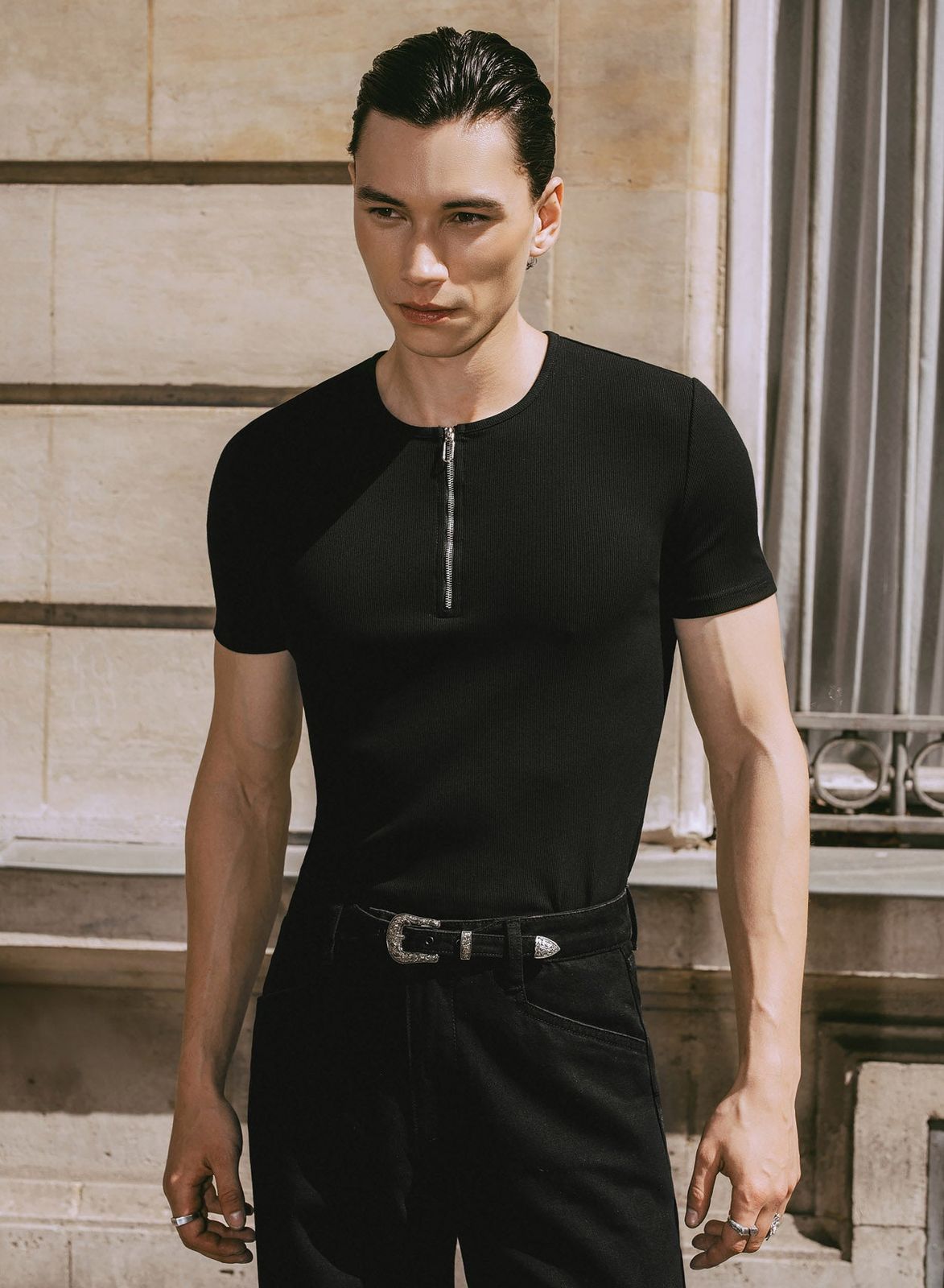 Black Ribbed Cotton Henley Zip T-Shirt