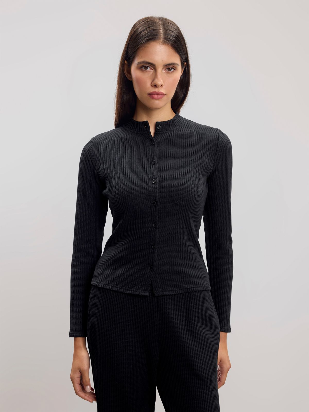 Womens Waffle Button Through Cardigan in Black