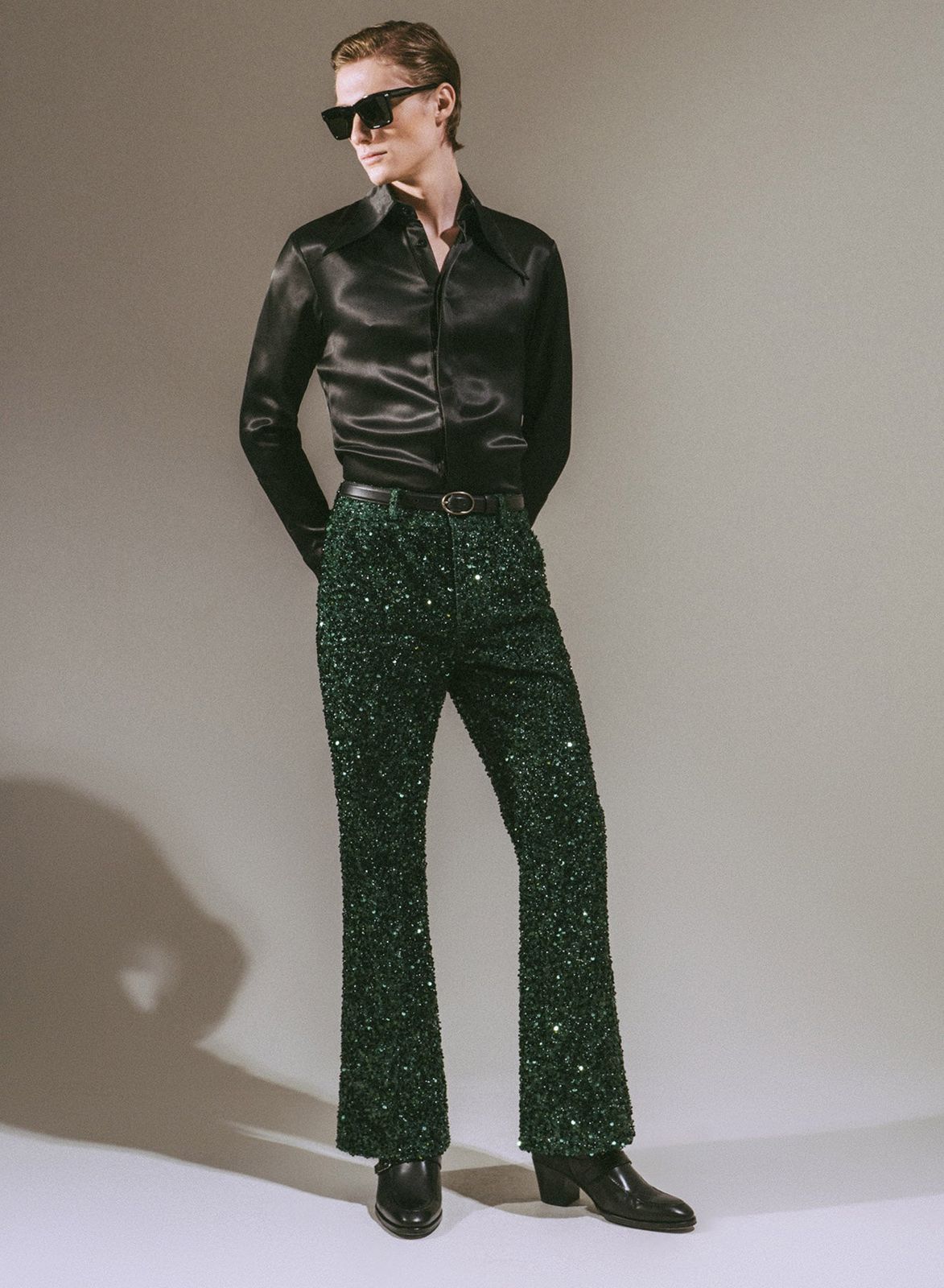 Dark Green Sequin Flare Trousers