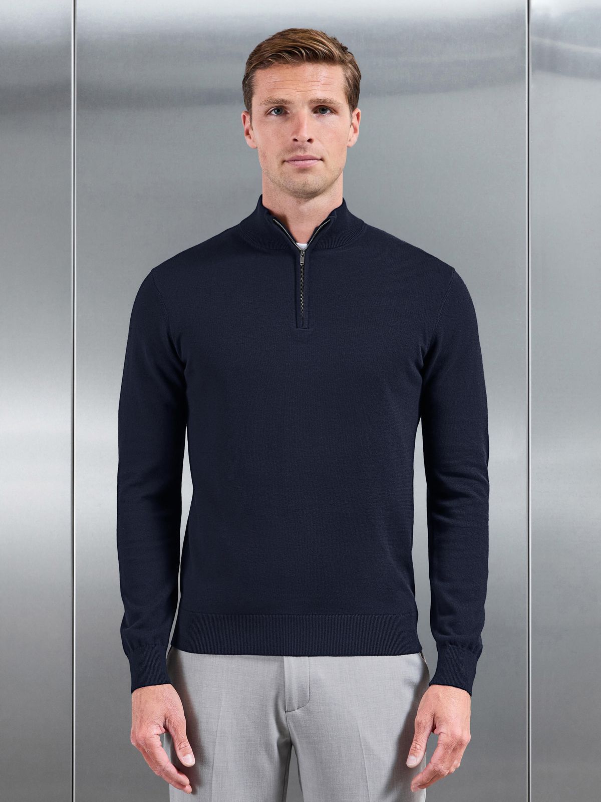 Cotton Knitted Half Zip Jumper in Navy