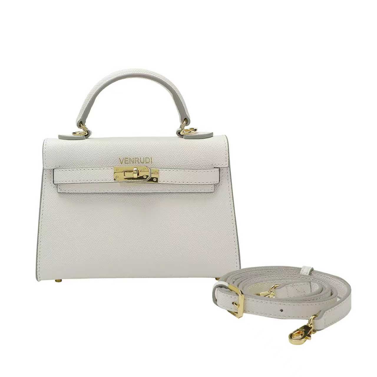 White Belt-Buckle Leather Handbag with Detachable Shoulder Strap