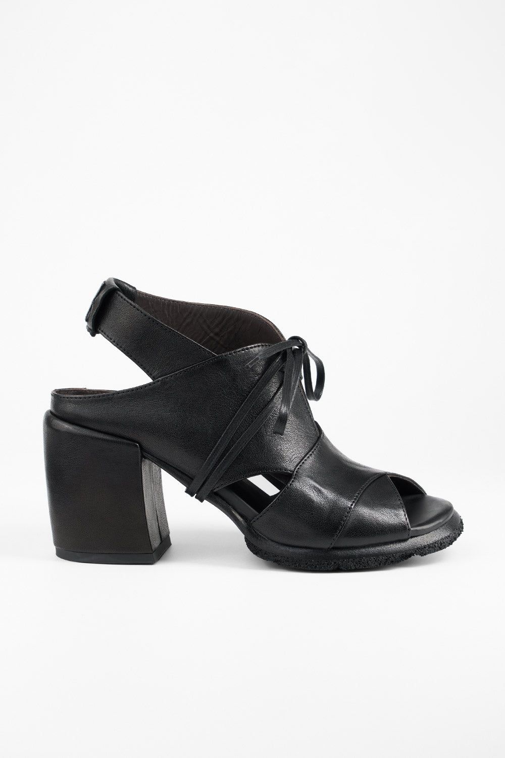 SHELLEY jet-black slingback mid heel sandals.