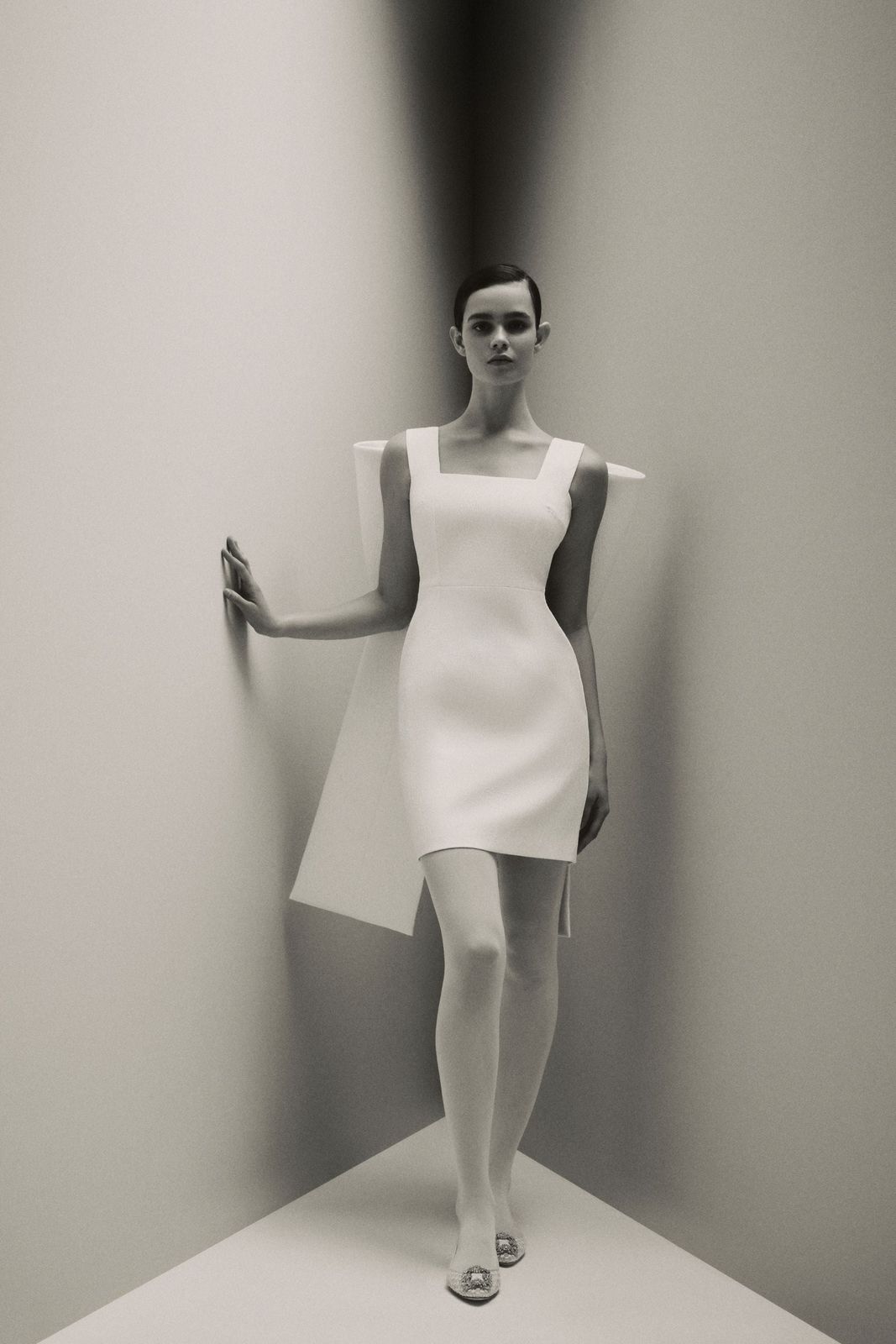 Drusilla Bow Back Mini Bridal Dress in Ivory Textured Cloque
