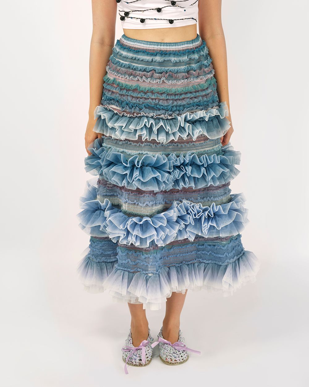 SHIRRED STRIPED TULLE MIDI SKIRT