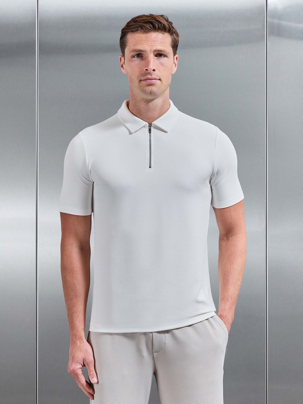 Textured Jersey Zip Polo Shirt in White