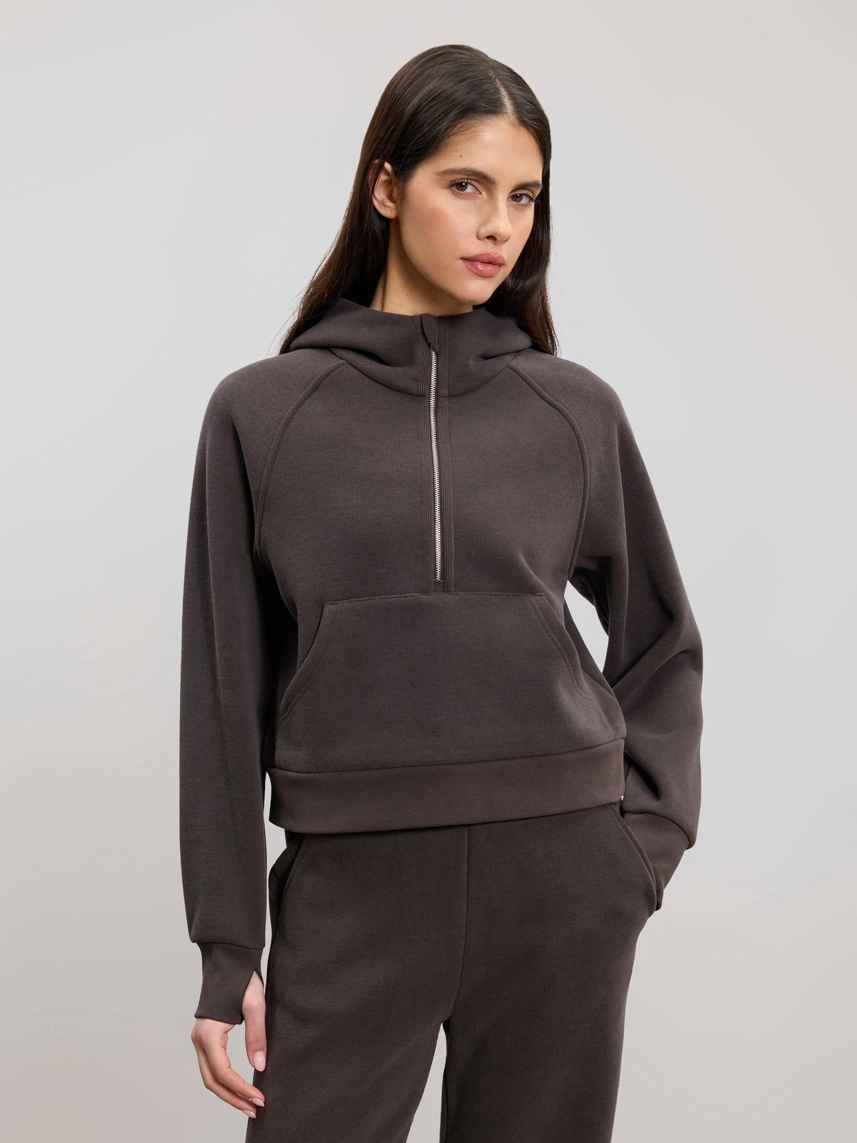 Womens Cosy Fleece Half Zip Hoodie in Brown