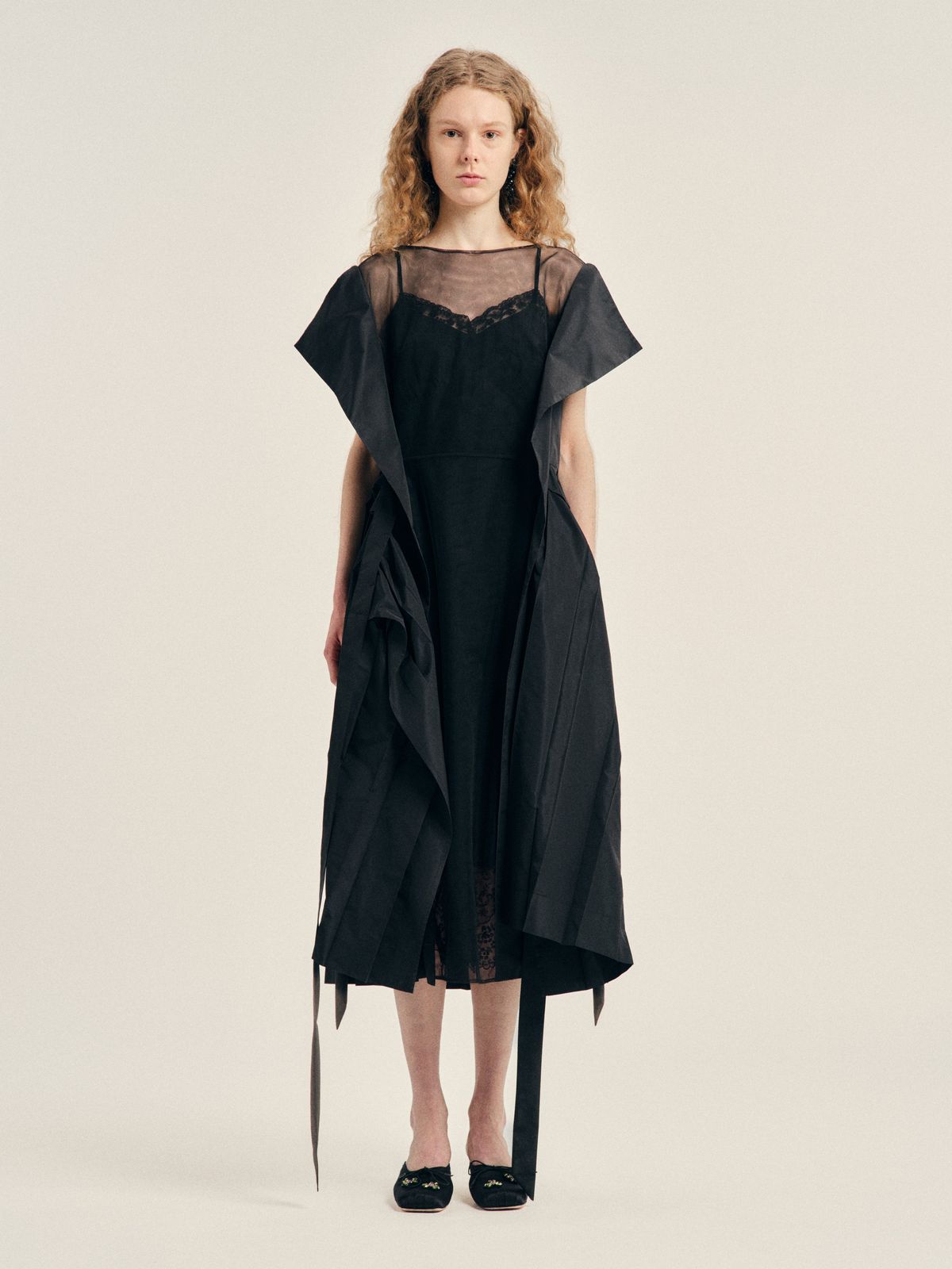 Pleated Sheer Panel Flare Dress