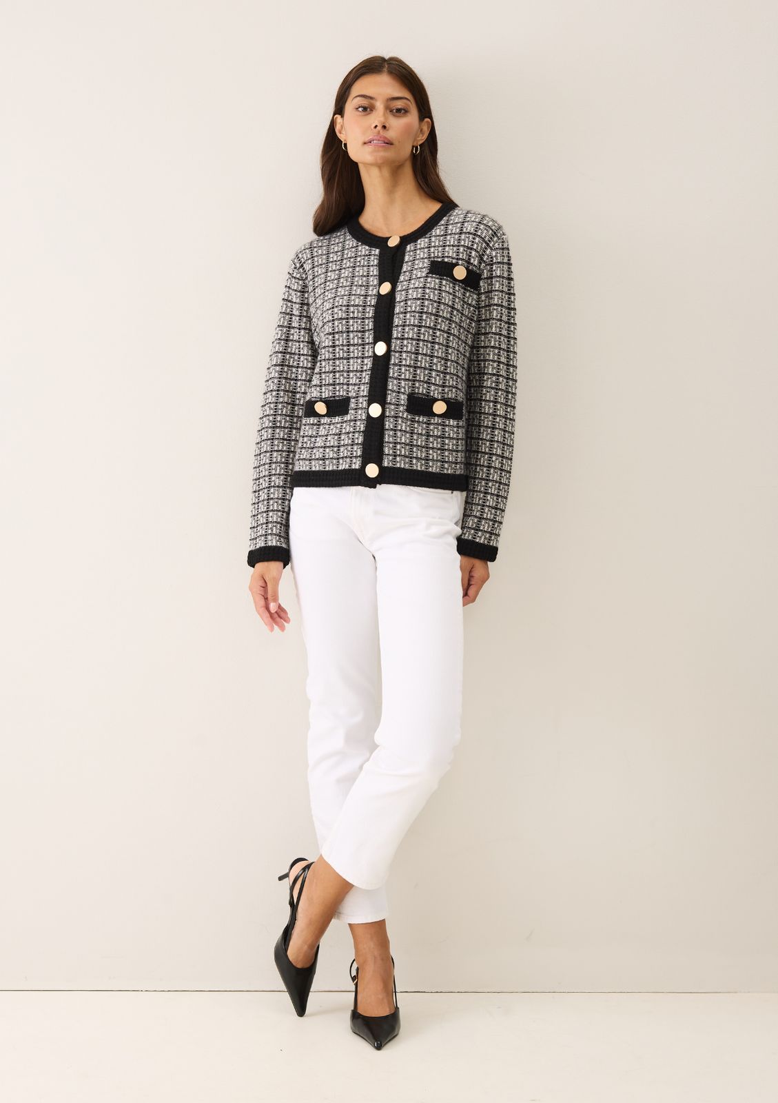 Textured Cashmere Crew Jacket in Black Check
