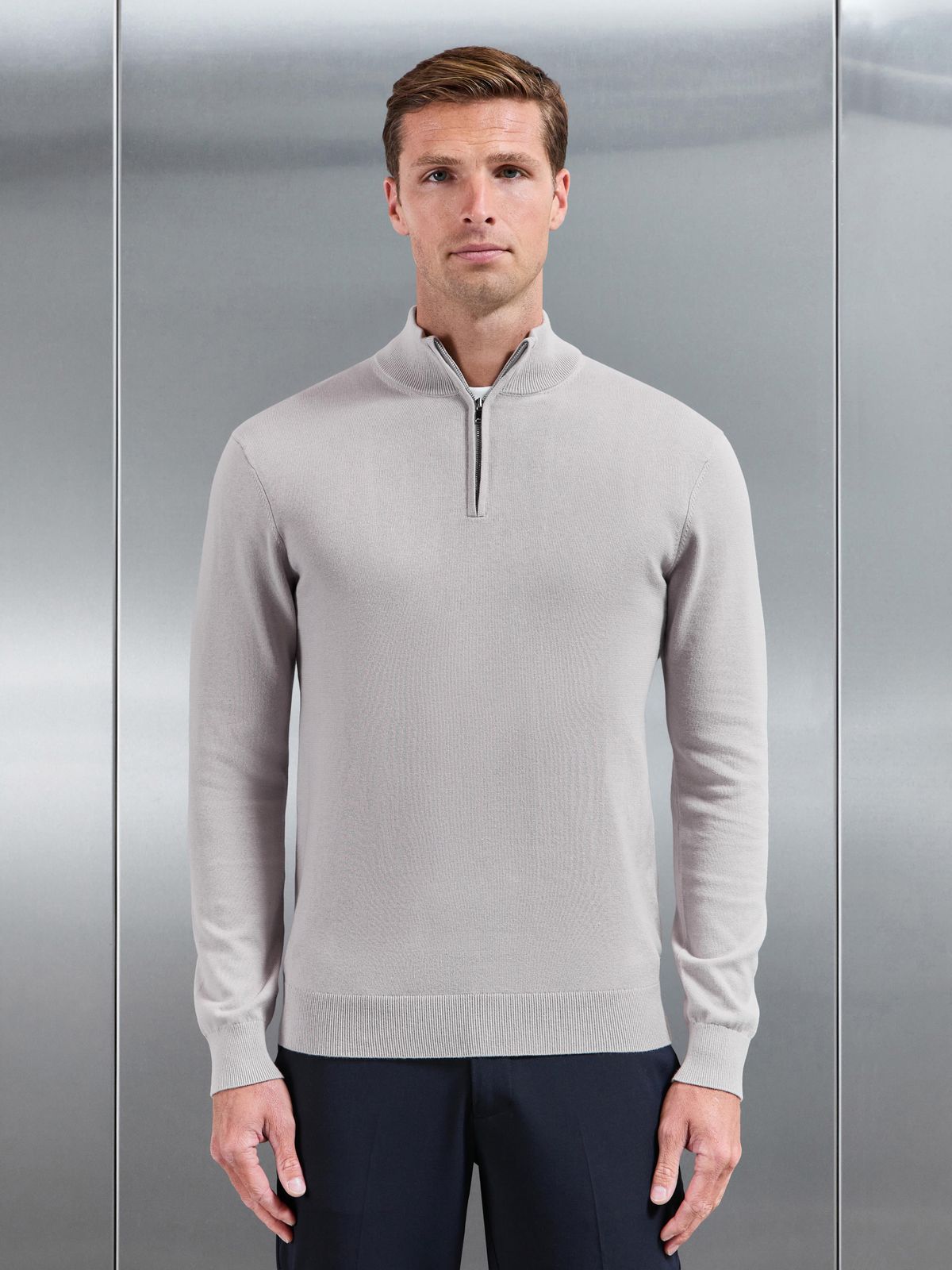 Cotton Knitted Half Zip Jumper in Stone