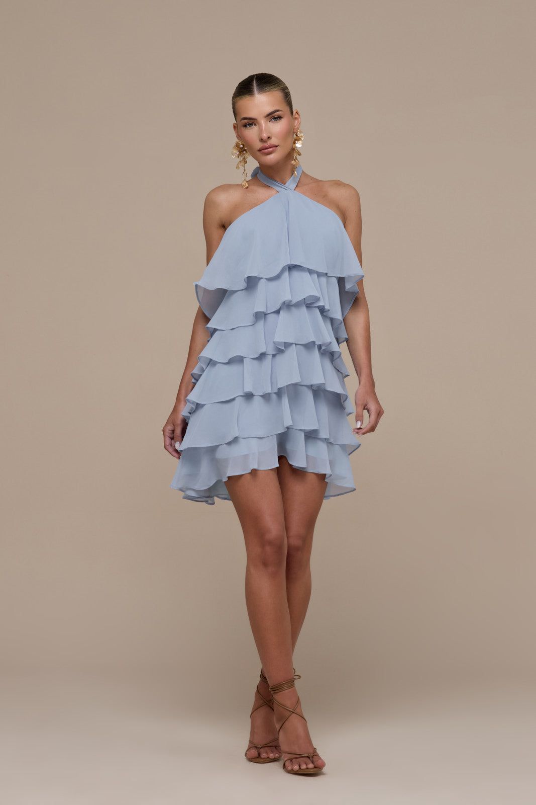 PRIMROSE HALTER NECK TIERED RUFFLE MINI DRESS | POWDER BLUE