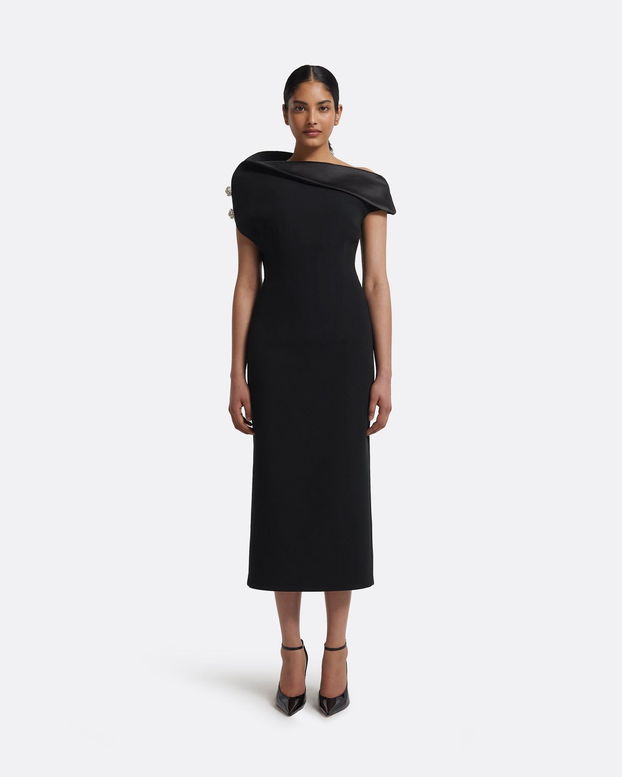 Reina Midi Dress in Black with Crystal