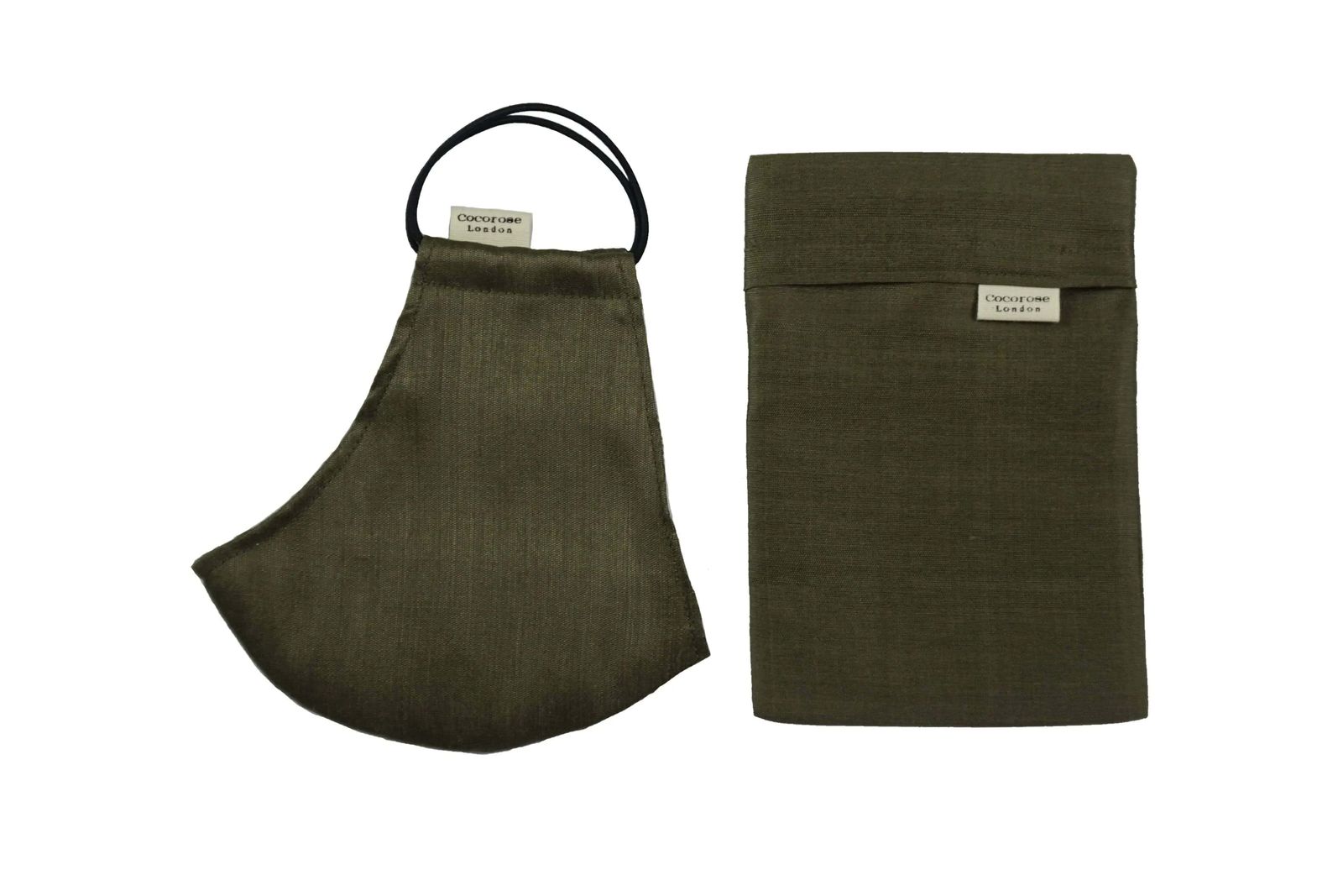 Silk Face Mask with Filter Pocket and Matching Pouch - Khaki Green