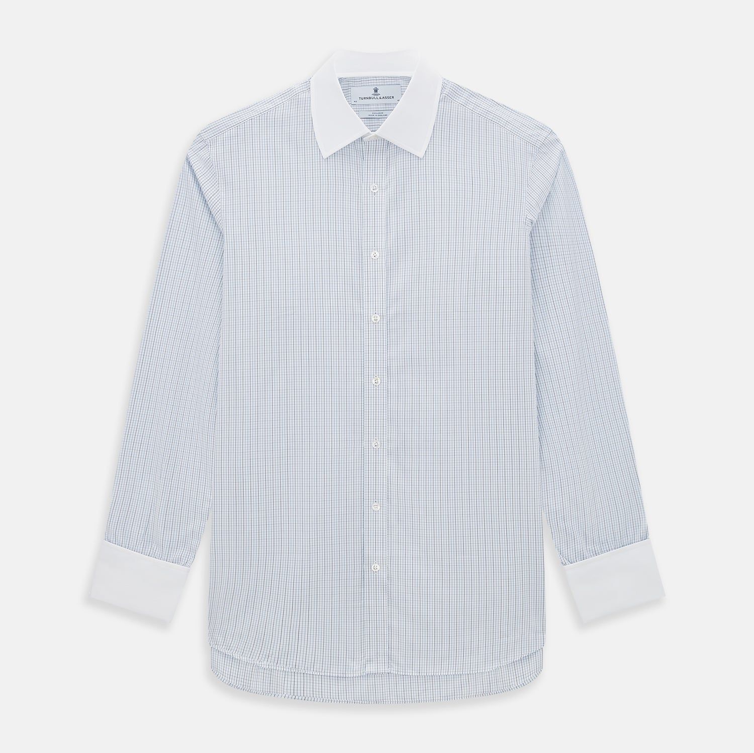 Pale Blue and Navy Grid Check Shirt with Contrast T&A Collar and Cuffs