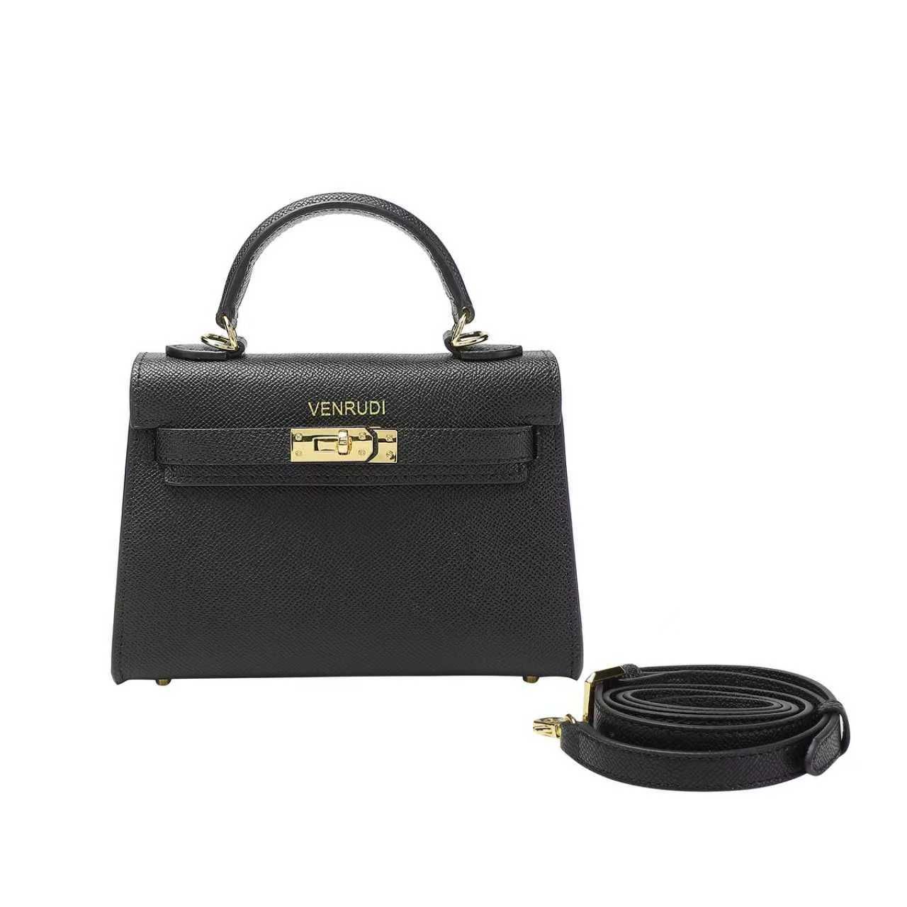Black Belt-Buckle Leather Handbag with Detachable Shoulder Strap