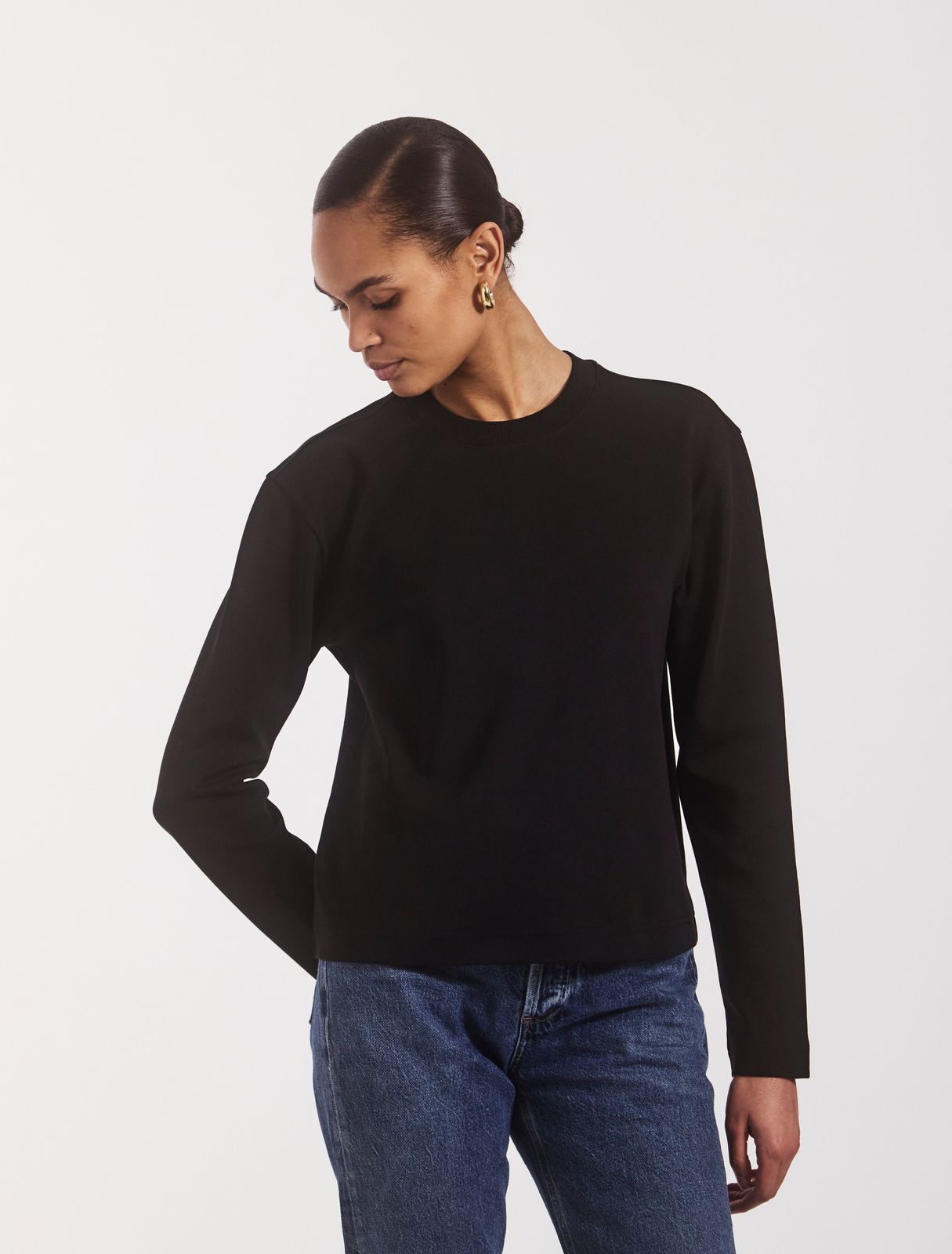Compact Cotton Long Sleeve T-Shirt in Black