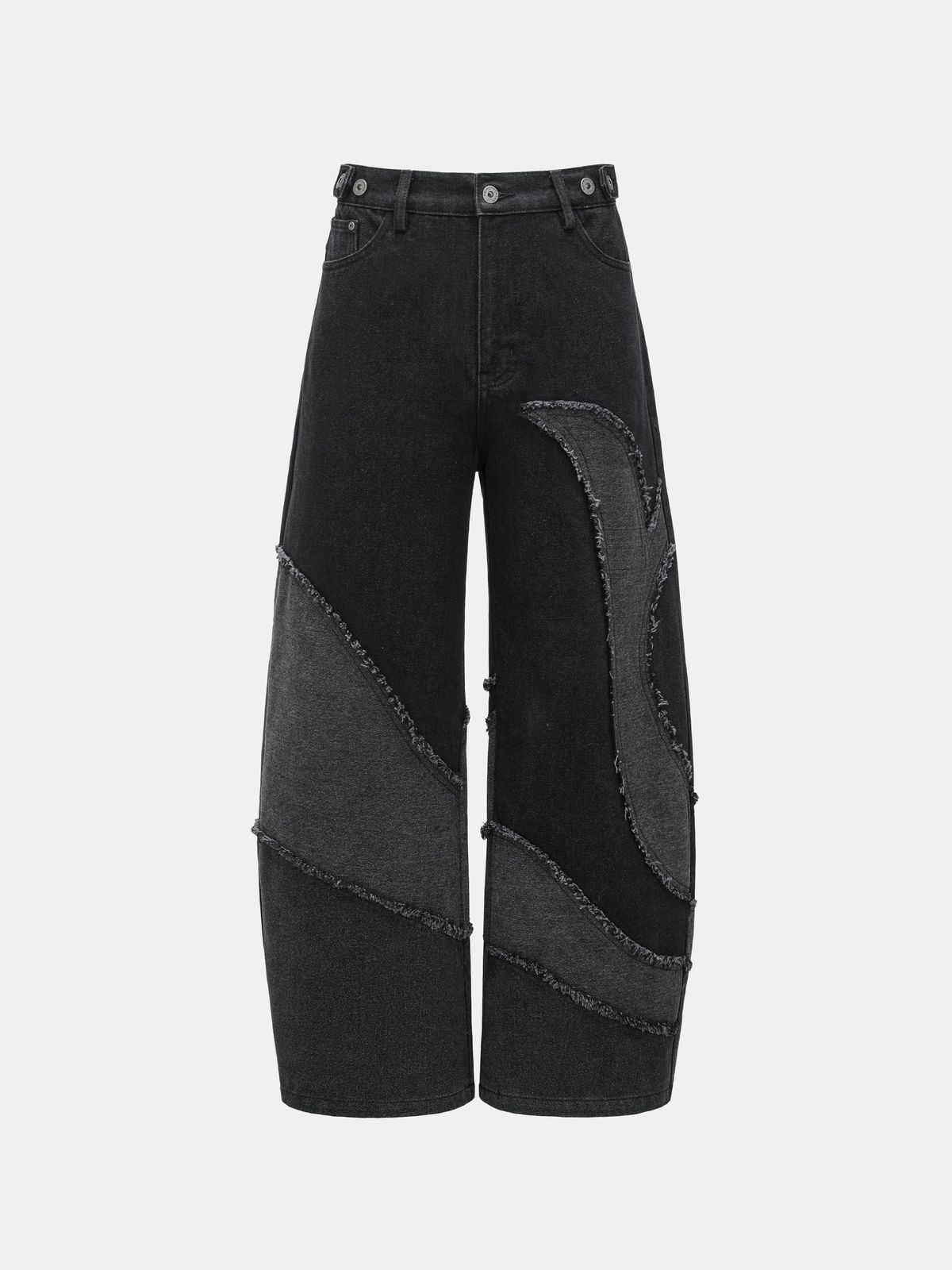 BLACK AND GREY DECONSTRUCTED PATCHWORK DENIM JEANS