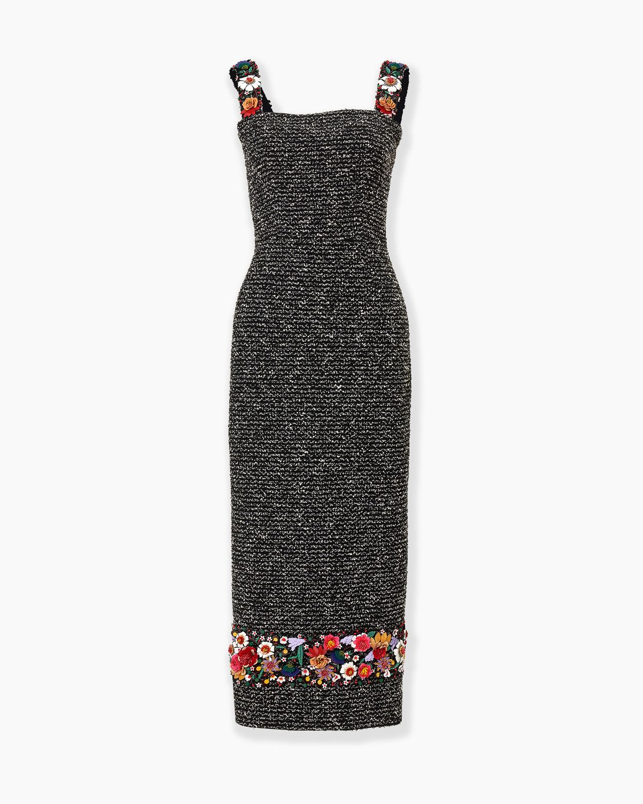 Floral-Embroidered Tweed Column Dress