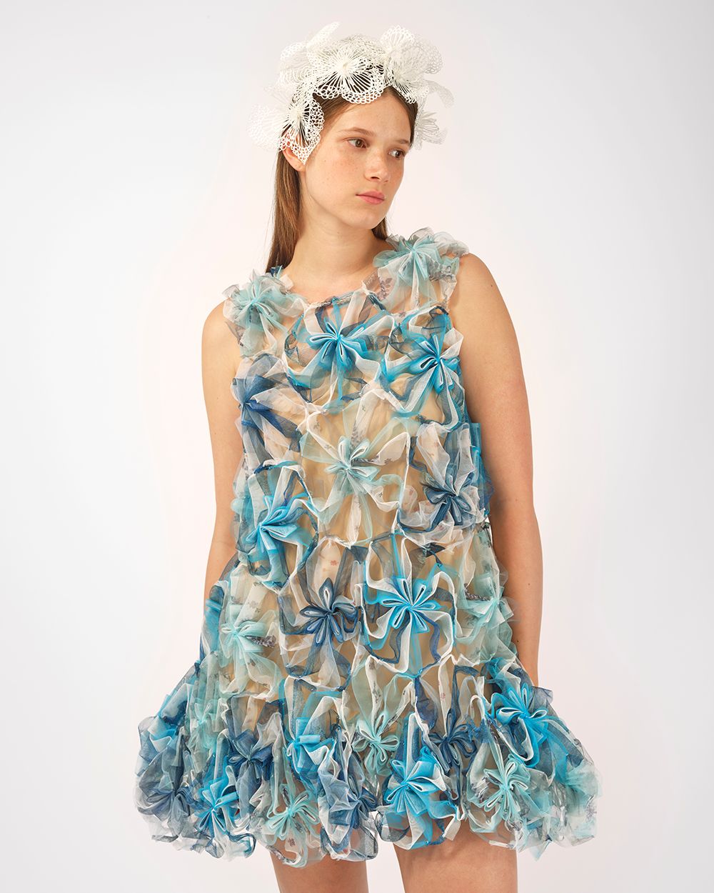 BEADED AIR-WHIRL FLOWER MINI DRESS