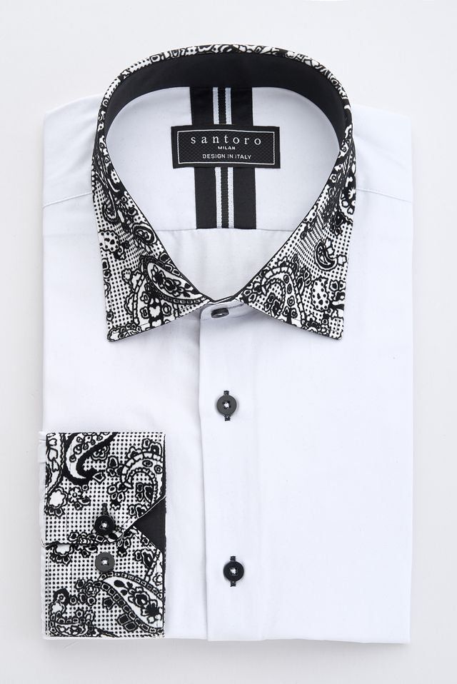 White Shirt with Black Paisley Detail