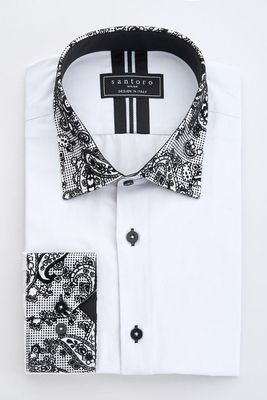 White Shirt with Black Paisley Detail