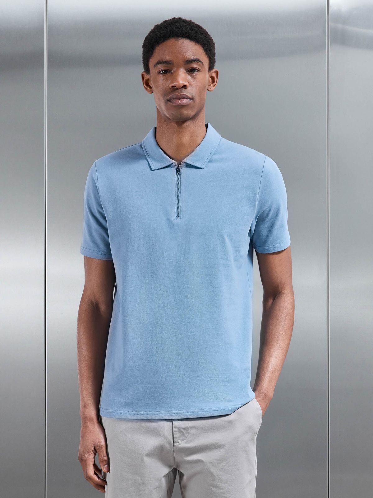 Mercerised Pique Zip Polo Shirt in Light Blue