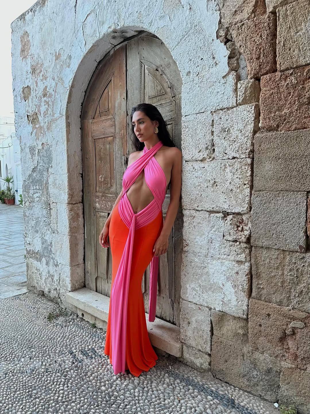 NADIA TWO-TONE CONTRAST GATHERED MAXI DRESS | PINK & ORANGE