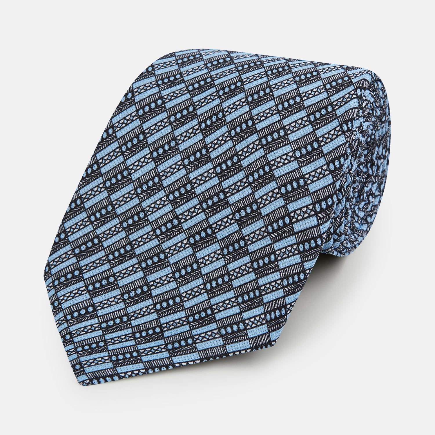 Light Blue Hatched Mosaic Printed Silk Tie