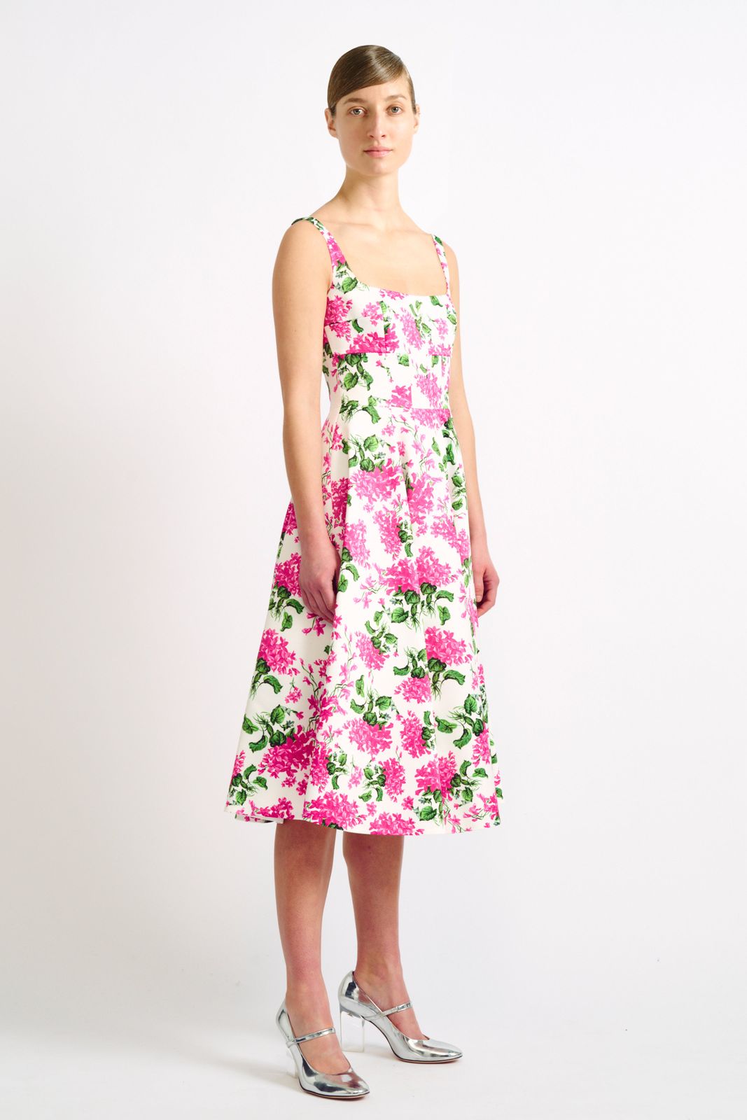 Mona Pink Forget-Me-Not Floral Print Tafetta Faille Dress