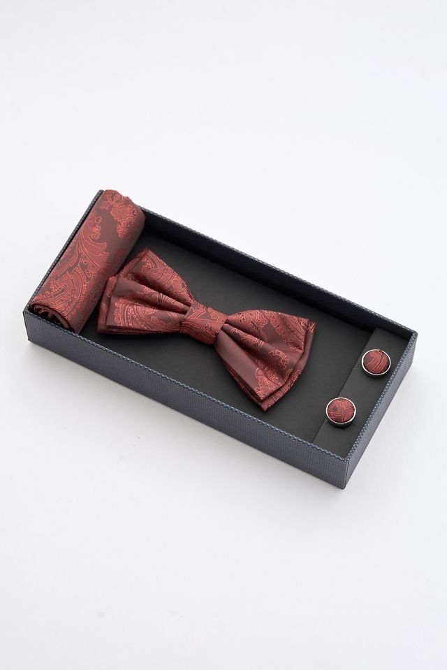 Burgundy Paisley Bow Tie Set with Pocket Square & Cufflinks