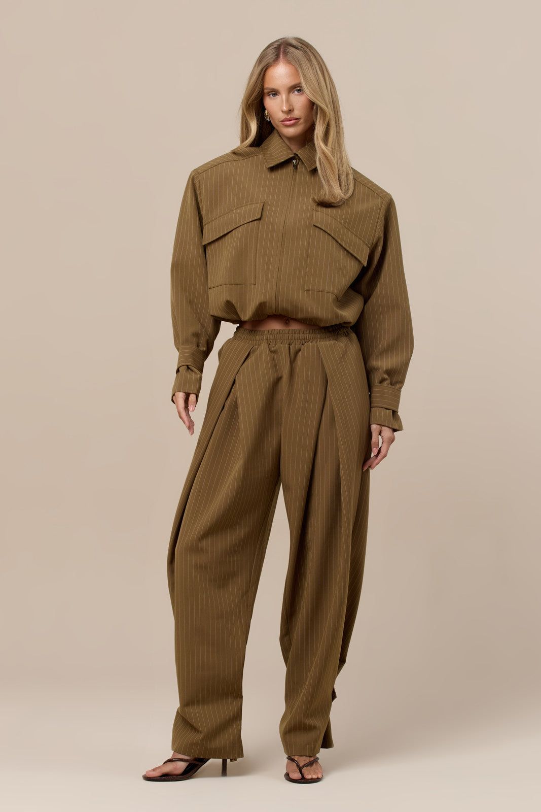 VANCE PLEATED OVERIZED BARREL TROUSERS | OLIVE PINSTRIPE