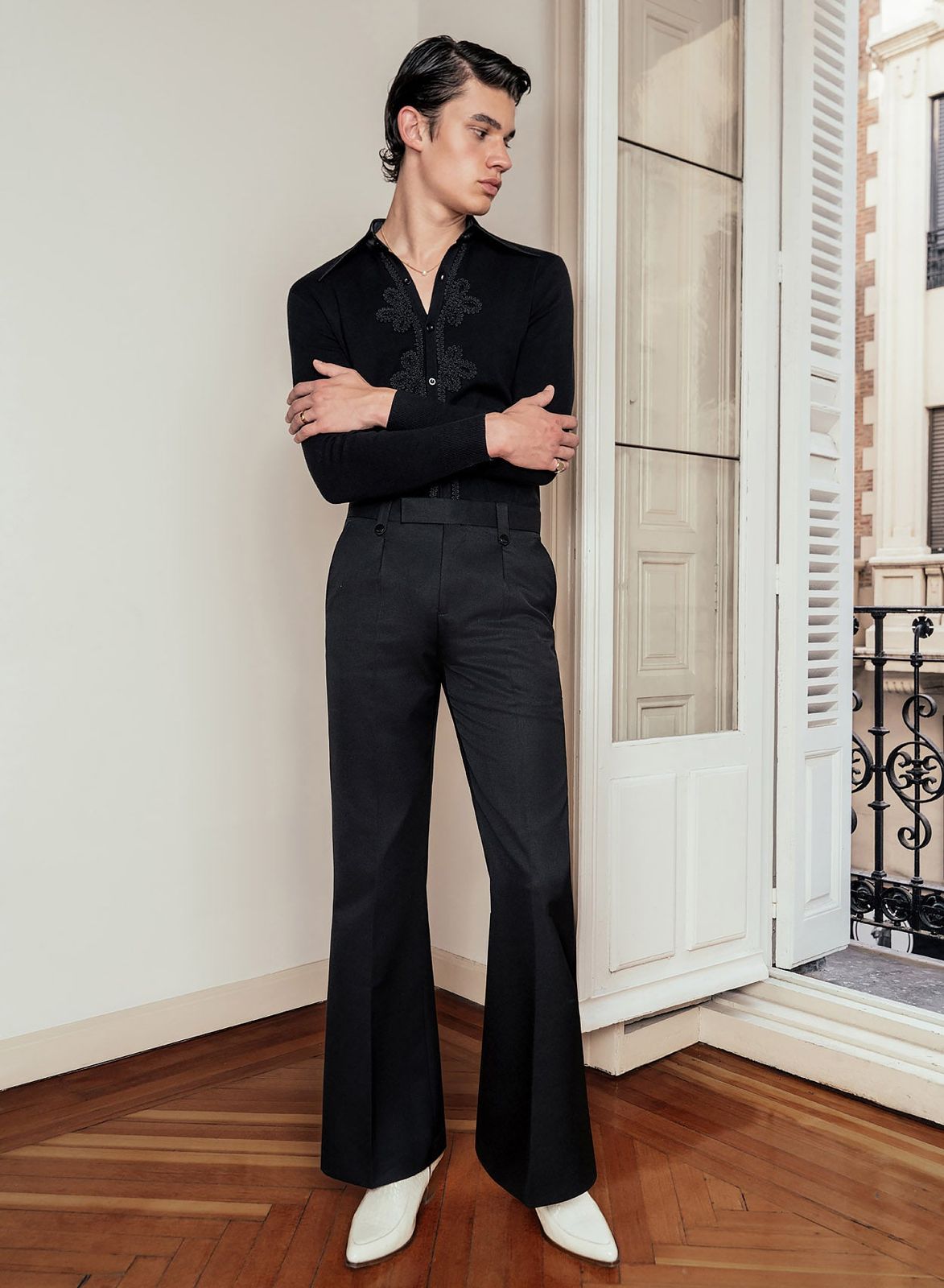 Black Wool Black Button Pin Belt Flare