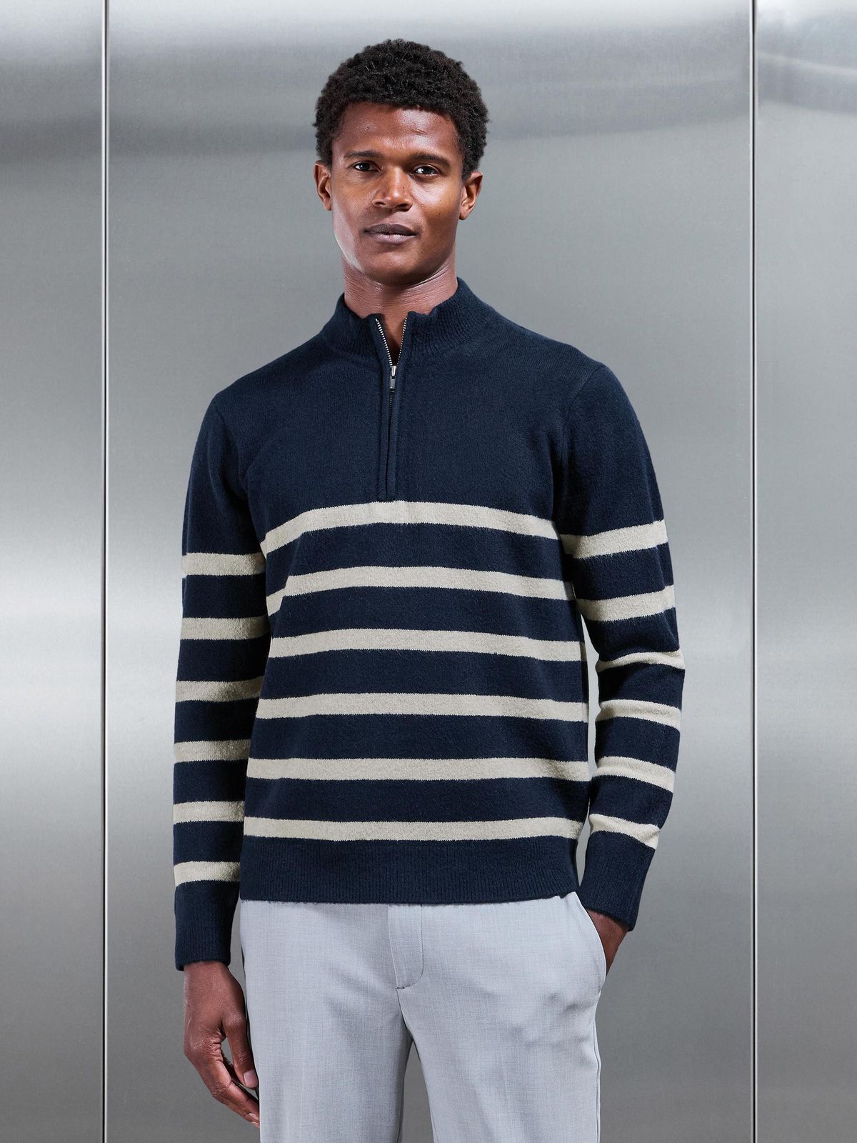 Chunky Wool Stripe Half Zip in Navy
