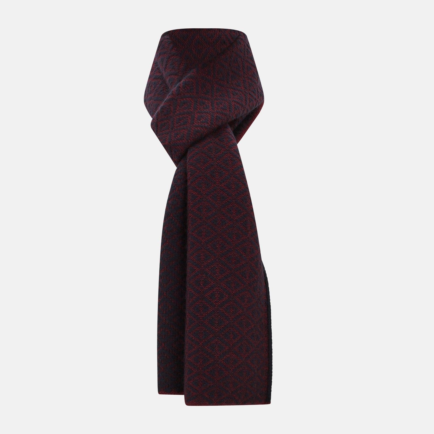 Navy and Burgundy Diamond-Patterned Cashmere Knitted Scarf