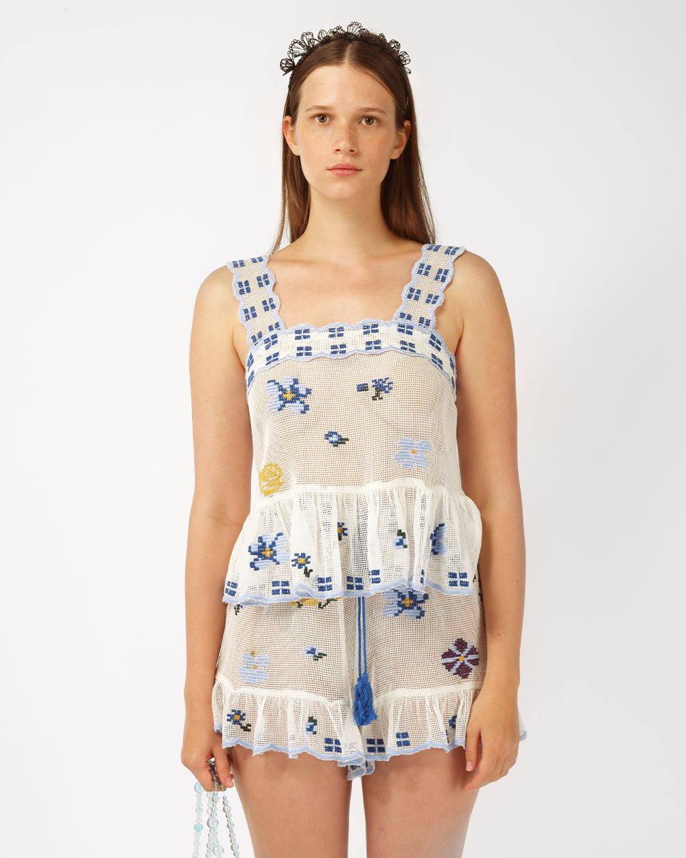 GRID EMBROIDERED STRAP TOP