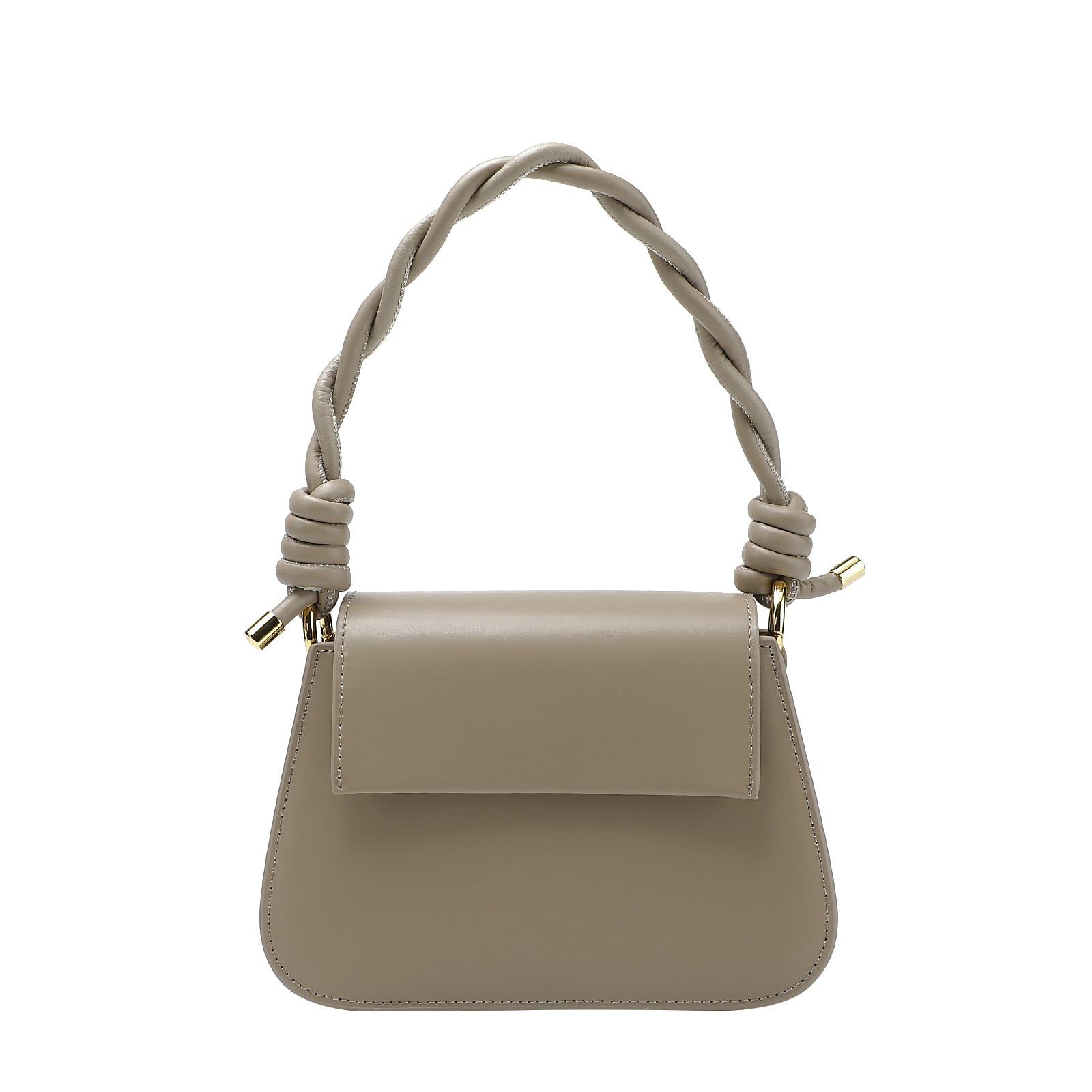 Beige Braided Handle Leather Handbag with Shoulder Strap